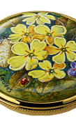Primroses & Butterflies Brooch (MR-PB) 1.46" diameter. Freehand painted by Marie Graves. Limited Edition of 10