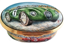 Green Racing Car (OV-RC)  Oval 2.37" length.  Freehand painted by Mick Cooke. Limited Edition of 1 (One-Off).
