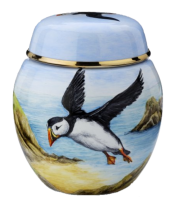 Puffins Ginger Jar (SH-P)  2.62" tall. Freehand painted by Fiona Bakewell. Limited Edition of 25.