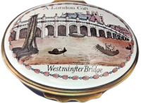 Westminster Bridge A London Gift (02/1827) 2.12" diameter Oval. Inside Lid: "Replica of an 18th century Bilston enamel box"