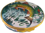 Tiffany Fishing (02/3670) 2.12" Oval. Inside Lid: Painting of Fish, water, & fishing line.(See Photo) Bottom: Halcyon Days stamp and "Designed by Tiffany & Co."