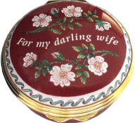 My Darling Wife  Halcyon (01/7170) 1.62" diameter. Inside Lid: "With all my love" Painted flowers and pink/light red tinted enamel. 