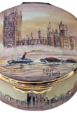 London Scenes (PLS-LS) 2" diameter. Parliament on lid, Windsor Castle on base, painted inside with Tower Bridge and St. Pauls Cathedral. Freehand painted by Peter Graves. Limited Edition of 25.