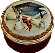 Graduation (15/077)  1.25" diameter. Screw on and off lid.  Inside Lid: 'Learning is ever in the freshness of it's youth.... ' Aeschylus 525-456BC.