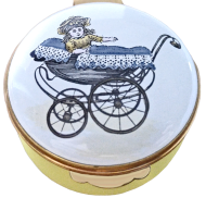 Crummles Antique Baby Buggy 1.62" diameter. Inside Lid: Painting of a antique buggy.