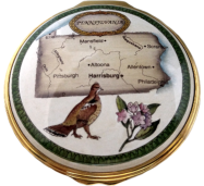 State: Pennsylvania (33/8606) 2" diameter. All sides decorated with script.  Inside Lid: "VIRTUE, LIBERTY, AND INDEPENDENCE" Inside Lid: Painted Pennsylvania flag. LE1000 w/Certificate of Authenticity.