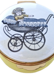 Crummles Antique Baby Buggy 1.62" diameter. Inside Lid: Painting of a antique buggy.