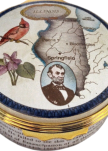 State: Illinois (33/6374) 2" Diameter. All sides decorated with Script. Front Abraham Lincoln. Inside Lid: "State Sovereignty-National Union" Inside Base: "Illinois" Inside Side Scripted also. LE1000 w/Certificate of Authenticity.