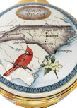 State: N. Carolina (33/6574) 2" diameter. All sides decorated w/Script. Inside Lid: "Esse Quam Videri - To Be Rather Than To Seem" Indise base: N. Carolina Flag painting. LE1000 w/Certificate of Authenticity.