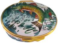 Tiffany Fishing (02/3670) 2.12" Oval. Inside Lid: Painting of Fish, water, & fishing line.(See Photo) Bottom: Halcyon Days stamp and "Designed by Tiffany & Co."