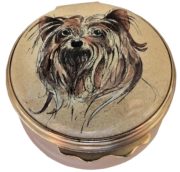 Yorkie (01/0310) Bilston & Battersea/Halcyon Days - 1.62" diameter. Inside Lid: drawing/painting of a sitting Yorkie in a dog bed. 