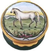 White Stallion (Medium Green base) 1.25" diameter. Inside Lid: Painted 2 horse shoes.