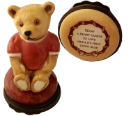 Teddy Bonbonniere (Halcyon Days)  3" tall. "Many A Heart Learns To Love From Its First Teddy Bear."