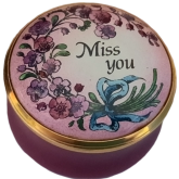 Miss You  Halcyon 1.25" diameter. Screw/twist lid. Painted flowers inside lid.