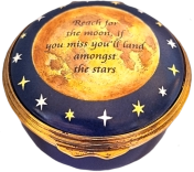 Reach for the Moon Halcyon Days (01/9038) 1.62" diameter, hinged lid, Enamel excellent, Metal slight tarnish in places.