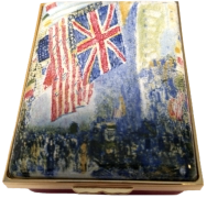 Childe Hassam, Union Jack, New York Morning 1918 (Halcyon Days)(11/7499) 2.87" x 2" x 1"  Inside Lid: "CHILDE HASSAM  The Union Jack, New York, April Morning 1918  Oil on canvas"  Script inside lid also. Certificate of Authenticity. Limited Edition 100.
