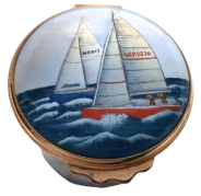 Schooners Tall: 1.62" tall. Painted Compass on the inside of lid. Handpainted by Elizabeth Todd