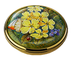 Primroses & Butterflies Brooch (MR-PB) 1.46" diameter. Freehand painted by Marie Graves. Limited Edition of 10