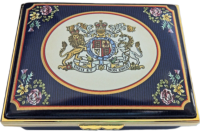 QE II Golden Jubilee (Coat of Arms) (11/6691) 2.87" x 2" x 1"  Inside Lid: "A Tribute to Her Majesty Queen Elizabeth II on her Golden Jubilee 1952 - 2002"  Script inside back and bottom. LE 500 & Certficate