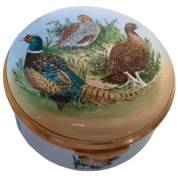 Staffordshire Gamebirds  2.25" diameter. Inside Lid: painted black/white duck head. Sides painted also. 