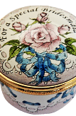 For a Special Bridesmaid (15/084) 1.25" diameter. Screw on and off lid.   Inside lid: a blue ribbon. Made by Marshalls & Staffordshire (3 Marshalls & 2 Staffordshire)