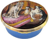 Gilbert Collection Dogs Halcyon Days (46/6685) 1.5" oval. Inside Lid: "Detail from a French enamelled gold box, c1763, in the Gilbert Colletion, Somerset House"