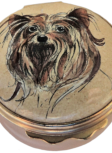 Yorkie (01/0310) Bilston & Battersea/Halcyon Days - 1.62" diameter. Inside Lid: drawing/painting of a sitting Yorkie in a dog bed. 