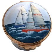 Schooners Tall: 1.62" tall. Painted Compass on the inside of lid. Handpainted by Elizabeth Todd