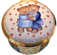 Cheek To cheek Bears (Halcyon Days) (01/7489) 1.62" diameter. Hinged lid. Inside Lid painted two bear heads.