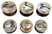 6 Box Duck Set Elliot Hall (PM6-D)  Approximately 1.25" diameter each. Hand painted Fiona Bakewell. Limited Edition 50.