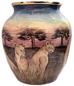 Moorcroft 1.75" diameter opening, 3" tall , approximately 3" wide at widest point. LE 50  Sandra Dance painted inside & Outside