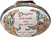 Halcyon Days Daughter Look Inside. (02/7715) 2.12" Oval. A mirror is in the inside of lid.