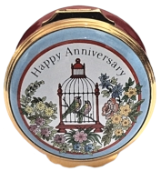 Happy Anniversary Birdcage Halcyon Days 1.62" diameter. Hinged Lid