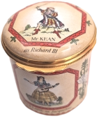 Theatrical Prints SOS Halcyon Days (01/3121) 1.62" diameter. Painted Sides Inside Lid: "Design based on 'Twopence Coloured' Theatrical Prints from the collection of Sir John and Lady Mills"