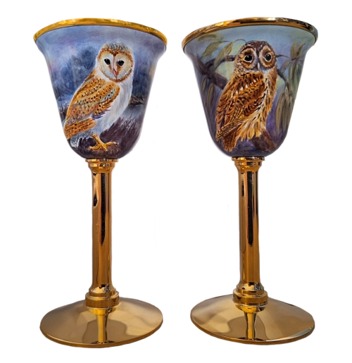 Mini Owl Goblets Pair (Elliot Hall)  4.52" tall.  Freehand painted by Nigel Creed. Limited Edition of 25.