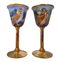Mini Owl Goblets Pair (Elliot Hall)  4.52" tall.  Freehand painted by Nigel Creed. Limited Edition of 25.