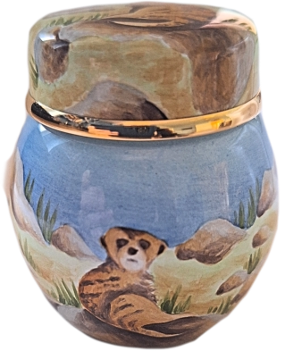 Meerkats Ginger Jar Elliot Hall (GJ-M)   1.96" tall. Free hand painted outside. Only the inside of the lid has a painting. Trial Piece