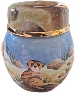 Meerkats Ginger Jar Elliot Hall (GJ-M)   1.96" tall. Free hand painted outside. Only the inside of the lid has a painting. Trial Piece