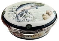 Fish (22/423) Inside Lid:Picture of fishing pole.   2" Oval - Silver colored metal trim.